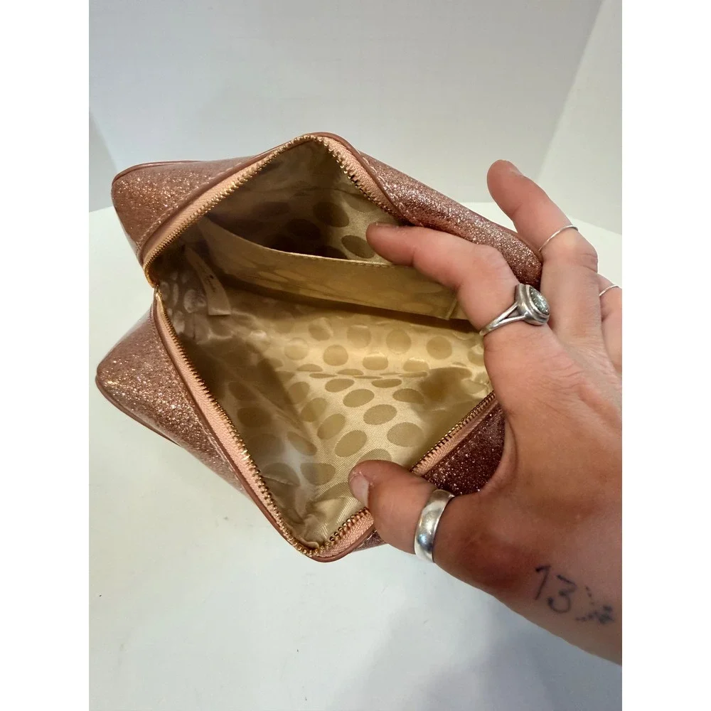 Kate Spade Rose Gold Glitter Cosmetic Bag Makeup Pouch Polka Dot Lining